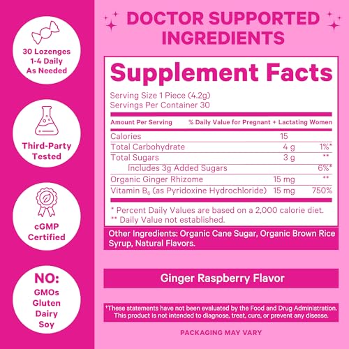 Pink Stork Morning Sickness Sweets, Organic Raspberry Ginger Candy with Vitamin B6 for Support and Occasional Motion Sickness, Pregnancy Must Haves - 30 Wrapped Drops