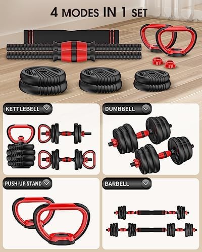 Adjustable Dumbbells, 10/25/35/55/70/90lbs Free Weight Set with Connector, 4 in1 Dumbbells Set Used as Barbell, Kettlebells, Push up Stand, Fitness Exercises for Home Gym Suitable Men/Women