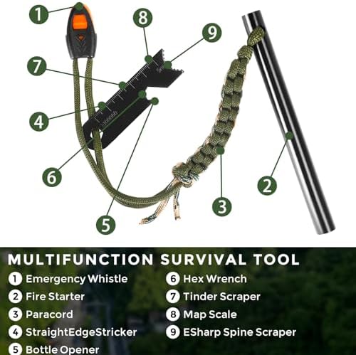 4 Pack Ferro Rod Fire Starter Flint Fire Starter Survival Tool Flint and Steel Fire Starter Kit 6-in-1, Portable Ferro Rod Striker with Paracord Handlead for Campfires Survival Emergency Kit