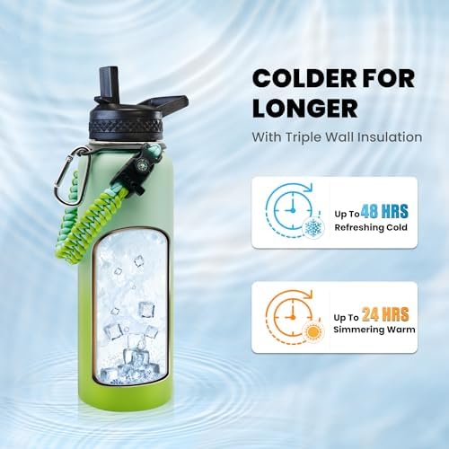 Insulated Water Bottle 40 oz, Triple Wall Vacuum Stainless Steel (Cold for 48 Hrs), Leak Proof & Non-BPA, Modern Water Flask Jug with Paracord Handle & Straw Spout Lids, Ombre Green