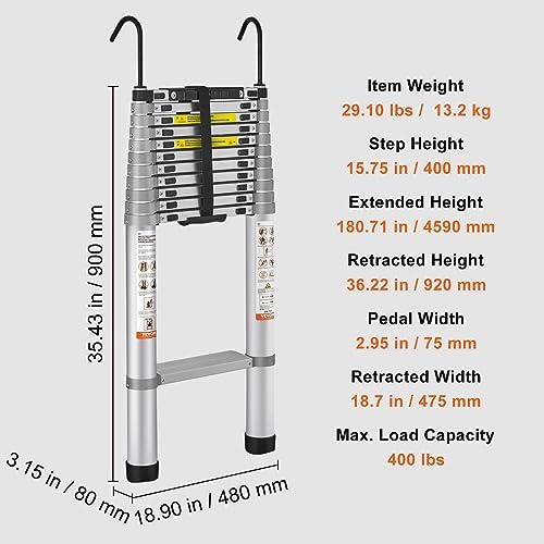VEVOR Telescoping Ladder, 15 FT Aluminum Collapsible Extension Ladder, 400 LBS Capacity with Non-Slip Feet, Portable Multi-Purpose Compact Ladder for Home, RV, Loft, ANSI Liste…