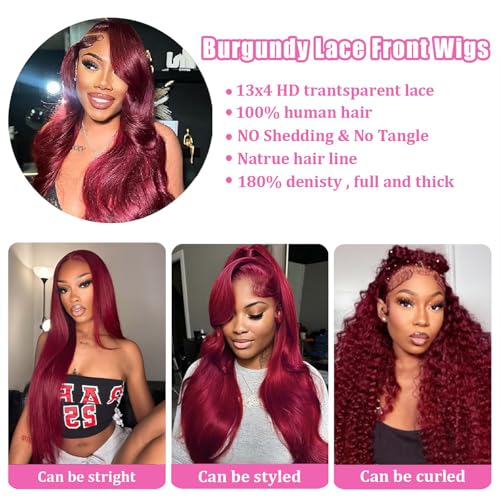 30 Inch 99j Burgundy Lace Front Wigs Human Hair 13x4 HD Transparent Wine Red Burgundy Body Wave Human Hair Lace Front Wigs for Women 180 Density Pre Plcked Human Hair Lace Frontal Wig with Baby Hair