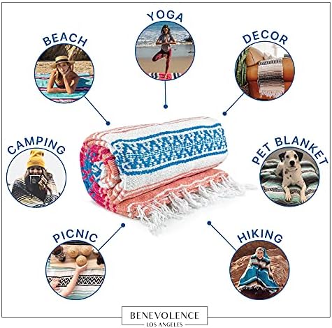 Benevolence LA Authentic Handwoven Mexican Blanket | Yoga Blankets, Outdoor, Picnic, Beach, Camping | Equestrian Saddle | Serape 50x70 inches - Coral, Pack of 1