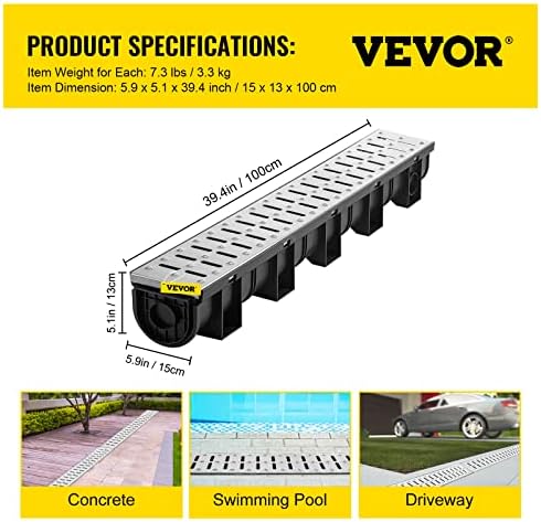 VEVOR Trench Drain System, Channel Drain with Metal Grate, 5.9x5.1-Inch HDPE Drainage for Garage Floors, Black Plastic Trench with End Caps, 3x39 Grate - 3 Pack