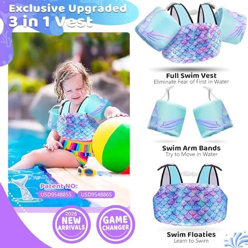 Vvinca Separable Toddler Swim Vest Fit 22-66 Lbs(1-6 Years)|2025 Newest 3 in 1 Pool Float & Arm Bands Boys and Girls, Adjustable Sturdy Safety for Infant 1 2 3 4 5 6 Year