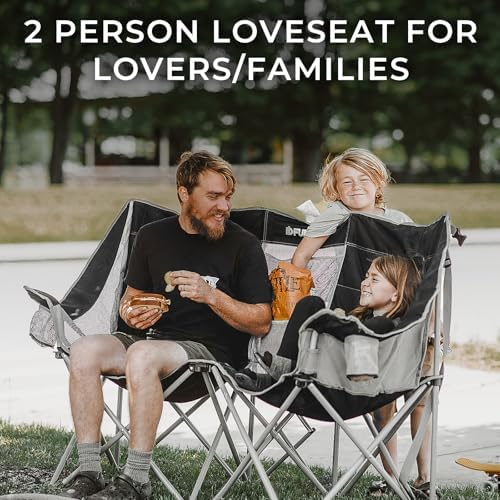 FUNDANGO Oversized Double Camping Chair, 660lbs Heavy Duty 2 Person Folding Padded Loveseat for Adults with Arm Cup Holder for Outdoor Patio Lawn Camp with Carry Bag (Black/Grey)