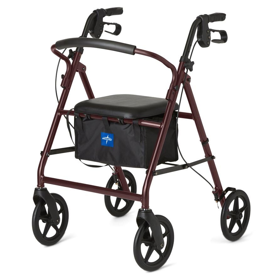 Medline Lightweight Aluminum Rollator Walker for Adult Mobility Impairment, Burgundy, 300 lb. Weight Capacity, 8" Wheels, Foldable, Adjustable Handles, Walker for Seniors