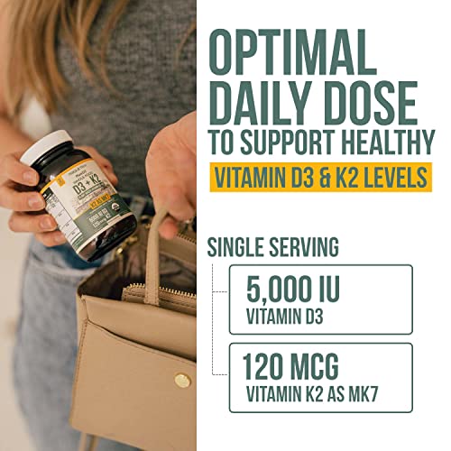 Organic Plant D3 + K2 | 5000 iu D3 + 120 mcg K2 as All-Trans MK7 from MenaQ7® - 100% Whole Food, Raw & Vegan | Enhanced Digestion with Prebiotic & Superfood Complex – D3 from Organic Algae (60 Count)