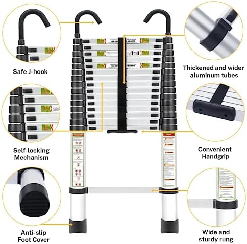 Telescopic Ladder, 20.34FT Aluminum Telescoping Ladder with Stable Hook and Non-Slip Feet, RIKADE Portable Extension Ladder for Household and Outdoor Working, 330lb Capacity