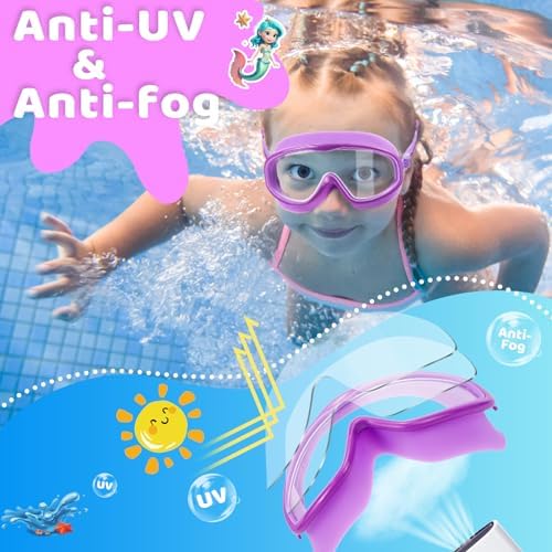 Vvinca Kids Swim Goggles for Age 2-8, Toddler-Goggles with Fabric Strap No Leak Pain-Free, Anti-Fog Goggles for Girls Boys