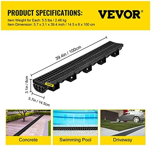 VEVOR Trench Drain System, Channel Drain with Plastic Grate, 5.7x3.1-Inch HDPE Drainage Trench, Black Plastic Garage Floor Drain, 5x39 Trench Drain Grate, with 5 End Caps, for Garden, Driveway-5 Pack