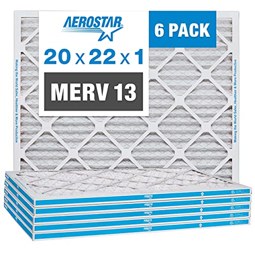 Aerostar 20x22x1 MERV 13 - 6 Count - Pleated HVAC, Furnace & Air Conditioner Filters - Removes Bacteria, Dust, Cold & Flu Germs, Lint, Mold, Pet Dander, Allergy-Causing Pollen, Smog, Smoke & Viruses