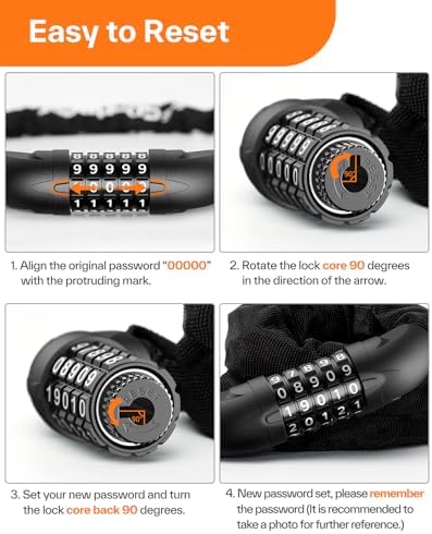 Sportneer Bike Lock: 5 Digit Combination High Security Anti Theft Bike Chain Lock - 3.2/3.6/4ft Heavy Duty Keyless Bicycle Lock for Bike, Motorcycle, Scooter, Door & Gate - 4/6mm Thick, Easy to Use