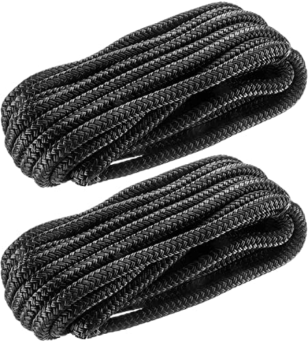Boat Dock Lines: 3/8" x 20' Double Braided Nylon Dock Line, Marine-Grade with 12" Loop - Black, 2 Pack