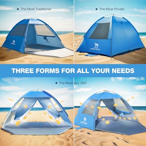 CAMEL CROWN Beach Tent UPF 50+ Sun Shelter for 2/3/5/6 Person, Lightweight Portable Sun Shade with Sand Anchor, Family Beach Day & Outdoor Adventures