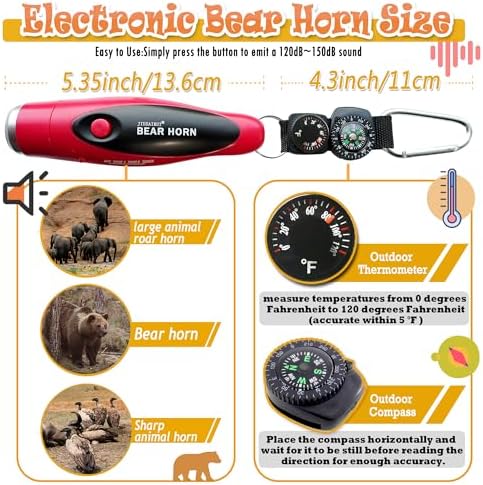 120dB Electronic Air Horn with Compass & Thermometer- Bear Horn to Scare Bears - Self Defense for Hiking