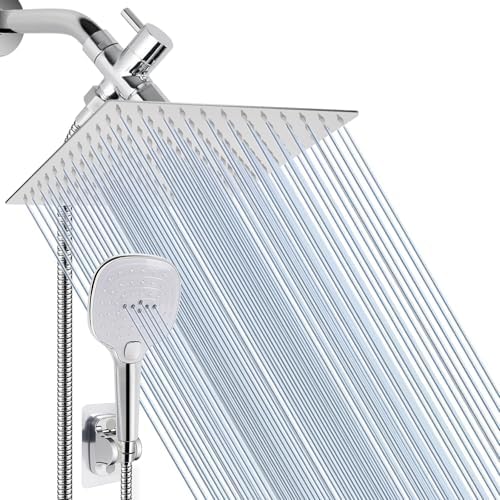 NearMoon Shower Head with Hose, High Pressure Stainless Steel Rain Shower and 3 Settings Handheld Spray Combo with Push Button Flow Control (12 Inch Showerhead Set, Chrome Finish)