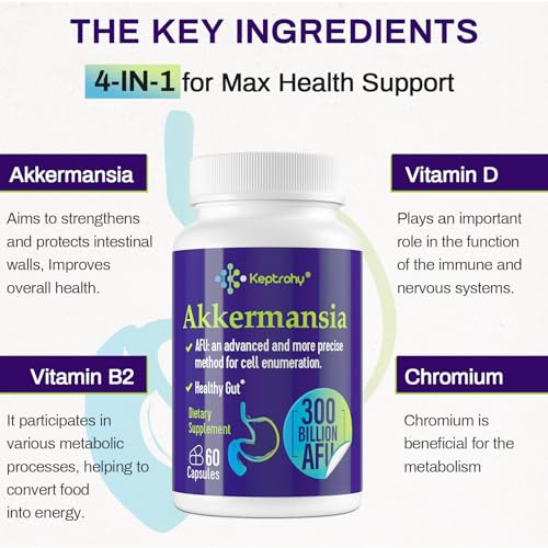 300 Billion AFU Akkermansia Muciniphila - A Live Probiotics for Women Men, for GLP-1, Probiotics for Digestive, Gut, Immune & Overall Health, Enhances Gut Digestive Lining function, 60 Capsules