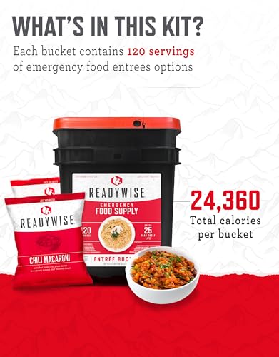 READYWISE - Emergency Food Supply Bucket, 120 Servings, MRE Meal Food Supply, Premade, Freeze Dried Survival Rations for Hiking, Adventure & Camping Essentials, Individually Packaged, 25 Year Shelf Life