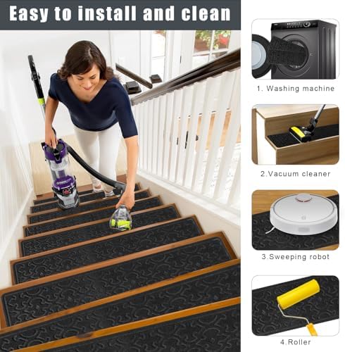 15Pcs Stair Treads for Wooden Steps With Self Adhesive, 8"x30" Non Slip Stair Runners-Peel & Stick Indoor Stair Carpet Runner, Resistant Runner for Kids, Elders and Pets, Black