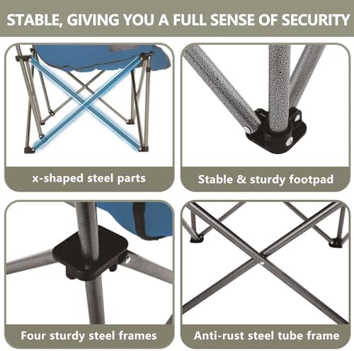 Oversized XL Padded Camping Chair Wide Heavy Duty Lawn Chairs Support 450 LBS Portable Folding Gaint Plus Camp Chair with Side Pocket Cup Holder for Outdoor Outside Sports Baseball Soccer-Blue