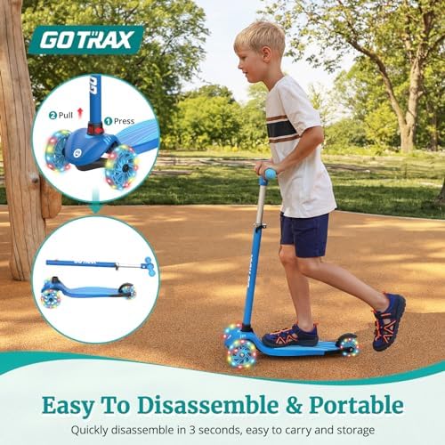 Gotrax KS1 Kids Kick Scooter, LED Lighted Wheels and 3 Adjustable Height Handlebars, Lean-to-Steer & Widen Anti-Slip Deck, 3 Wheel Scooter for Boys & Girls Ages 2-8 and up to 100 Lbs