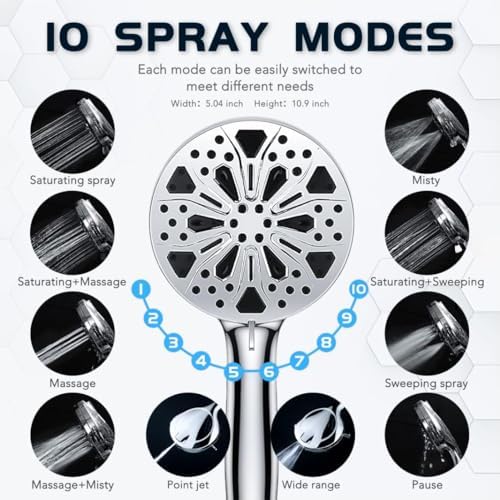 10''Rainfall Shower Head with Handheld Combo High Pressure 8+2 MODE built-in power wash, Stainless Steel Chrome Showerhead with 11'' Extension Arm Height/Angle Adjustable with Holder&60"Hose