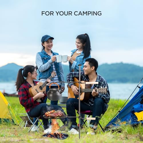 Campfire Grill Open Fire Cooking Equipment for Camping with Height Adjustable Swivel Grill Grate and Hanger Rod