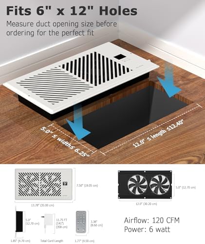 AirBlaze Z4, Quiet Register Booster Fan, Smart Vent Booster Fan with Thermostat Control & Remote Control, 10-Speed Control Heating Cooling AC Vent Fan (White, 6 x 12 inch)
