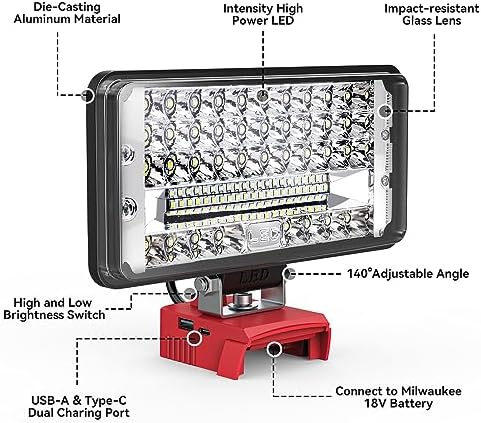 LED Work Light for Milwaukee 18v Battery, Ecarke 7'' 100W Cordless Work Lights 10000 Lumens of Brightness for m18 Battery Light with Low Voltage Protection&USB & Type-C Charger Port for car Repairing