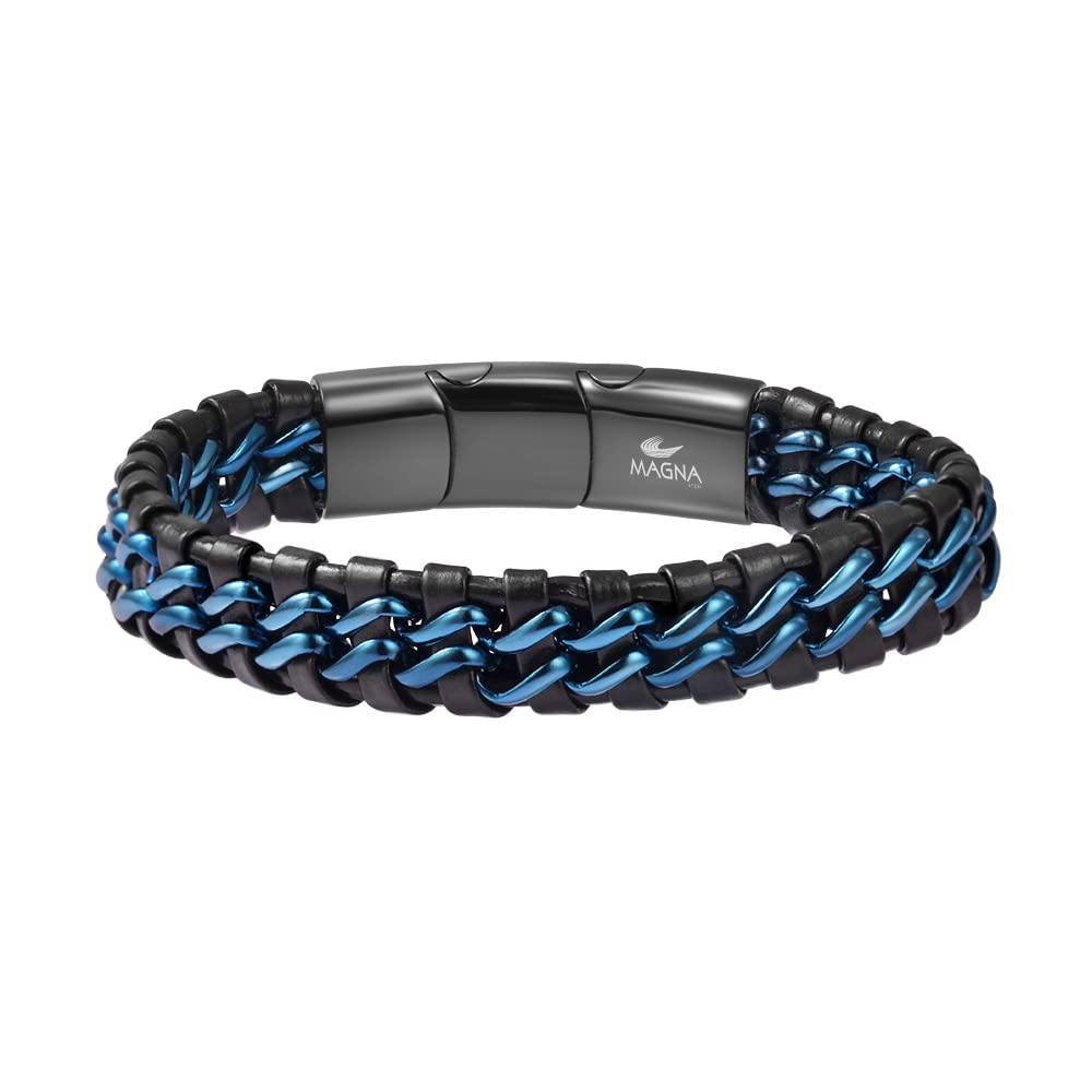 Magna Steel Men's Braided Genuine Leather Link Steel Chain Bracelet (Blue)