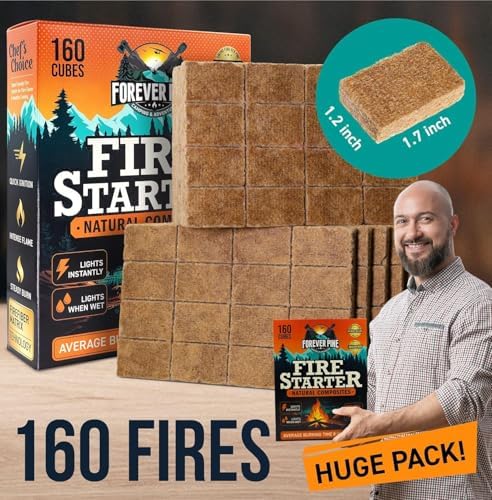Fire Starter Cubes, 160 pcs - Easy BBQ Ignition - Natural, Waterproof & Odorless Firestarter Squares for Campfire, Charcoal Grill, Outdoor Fire Pit, Wood Stove, Fireplace, Logs - Camping Essentials