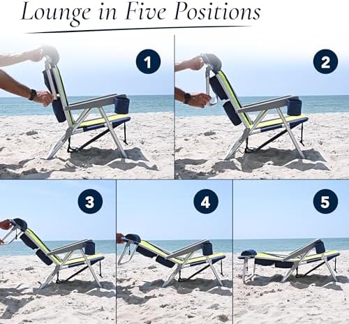 CARIBBEAN JOE Folding Beach Chair, 5 Position Portable Backpack Foldable Camping Chair with Headrest, Cup Holder, and Armrests, Navy/Green
