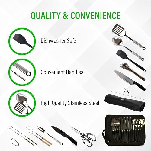 30 Pcs Camp Cooking Utensil Set & Outdoor Kitchen Gear Cookware Kit, Portable Compact Carry Case for Camping, Hiking, Travel, BBQ Grilling Stainless Steel Accessories Spoon & Fork, Navy