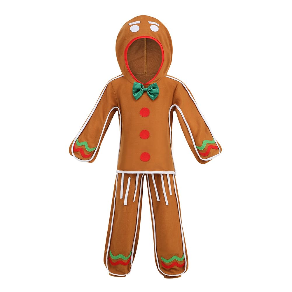 yolsun Children Gingerbread Man Costume Christmas Outfit Funny Cosplay Hooded Clothes(8-9 Years,Brown)