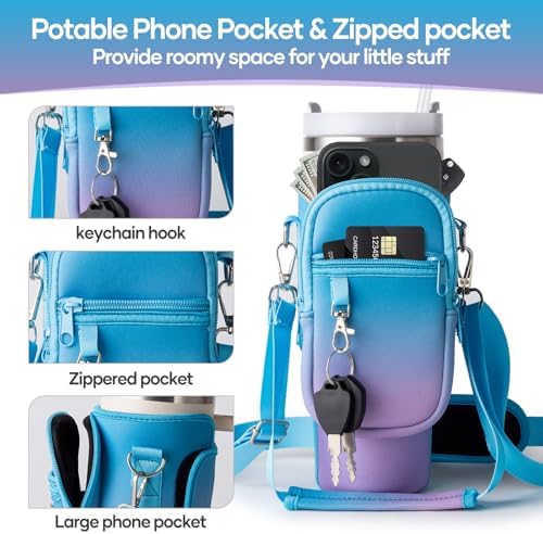 linmaya Water Bottle Carrier Bag with Phone Pocket for Stanley Cup 40/30oz,Insulated Neoprene Water Bottle Holder Cross-boday Bag with Adjustable Shoulder & Handheld Strap Stanley Cup Accessories