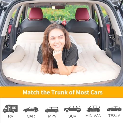 KMZ SUV Air Mattress Thickened and Double-Sided Flocking Travel Camping Bed with 2 Pillows & Electric Pump Dedicated Mobile Cushion Inflatable Bed for SUV Trunk and Rear Seat (Beige and Coffee)