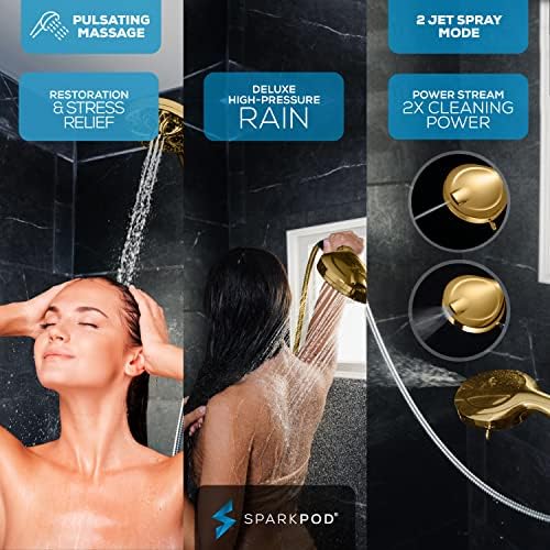 SparkPod 10-Mode Handheld Shower Head with Filter - 5" High Pressure Filtered Shower Head with Touch-to-Clean Nozzles, Built-In Power Jet, Stainless Steel 6ft Hose & Bracket (Egyptian Gold)