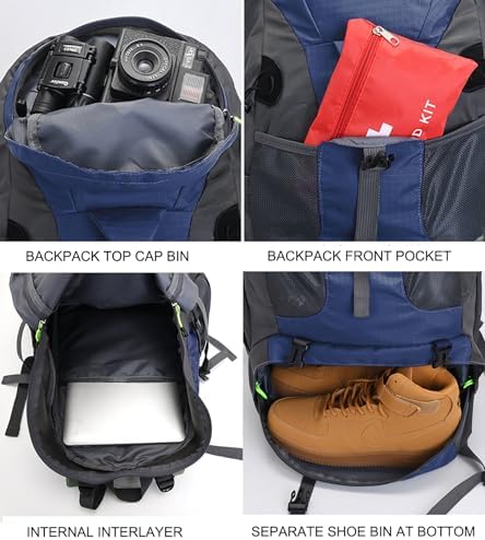 Bseash 50L Hiking Backpack, Water Resistant Lightweight Outdoor Sport Daypack Travel Bag for Camping Climbing Skiing Cycling (Navy Blue - With Shoe Compartment)