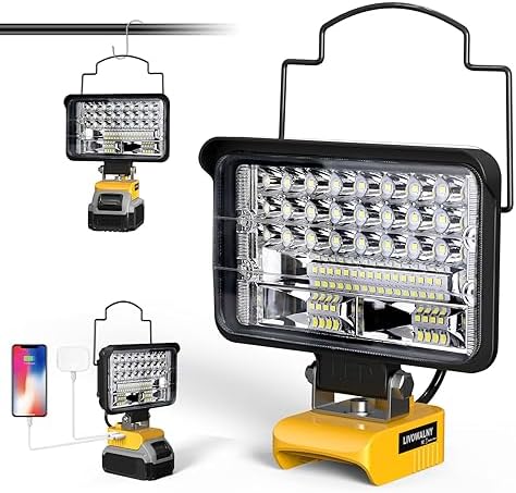 Cordless for Dewalt 20V Max LED Work Light, LIVOWALNY 78W 7800LM 5" 20V Battery Flashlights with USB & Type-C & Low Voltage Protection & 140° Pivoting Head for Emergency, Outdoors and Job Site Light