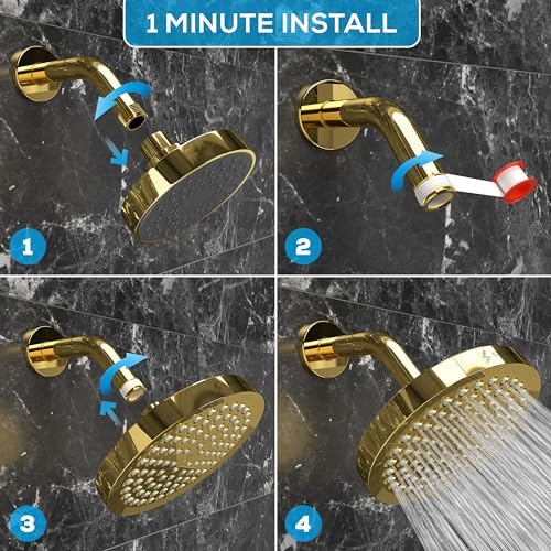 SparkPod Shower Head - High Pressure Rain - Premium Quality Luxury Design - 1-Min Install - Easy Clean Adjustable Replacement for Your Bathroom Shower Heads (Egyptian Gold, 6 Inch Round)
