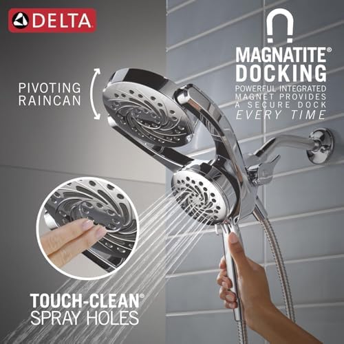 Delta Faucet 5-Setting HydroRain 2-in-1 Dual Shower Head with ProClean Spray, Chrome Round Shower Head with Hose, Hand Held Shower Head, Chrome 75419