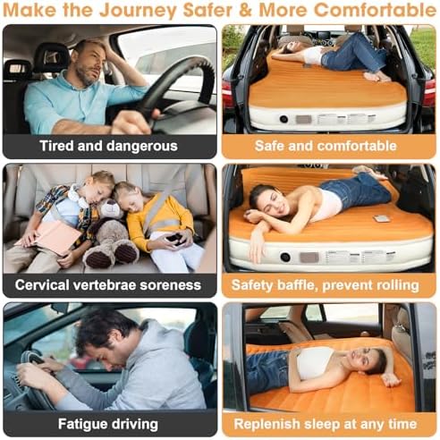 KMZ SUV Air Mattress with Built-in Pump & 2 Pillows, Thickened Flocked PVC, Quick 90-Seconds Inflation Air Bed, Portable & Durable Car Air Bed for Camping, Travel, Truck