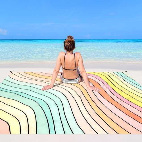 Beach Blanket Waterproof Sandproof, 9 Ft X 10 Ft Extra Large Sand Free Beach Mat, Big Compact Lightweight Quick Drying Picnic Blanket with 4 Stakes & Pockets for Camping, Travel, Hiking