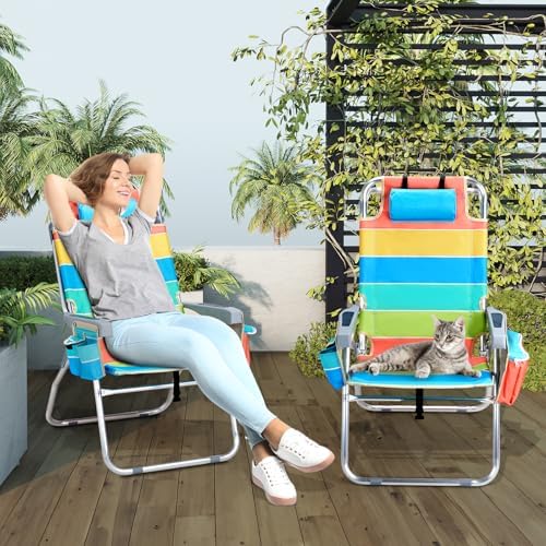 VINGLI Tall Beach Chair 2 Pack, with 5-Position, Cooler Bag, Cup Holders, Towel Bar, Lightweight Folding Beach Camping Chairs for Adults