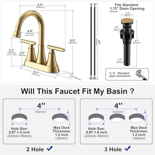 4 inch Brushed Gold Bathroom Sink Faucet with Pop-up Drain and 2 Supply Hoses, Stainless Steel Lead-Free 2-Handle Centerset Faucet for Bathroom Sink Vanity RV