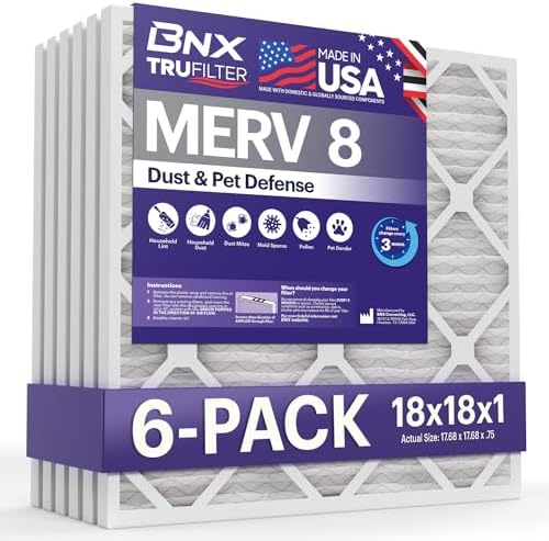 BNX TruFilter 18x18x1 Air Filter MERV 8 (6-Pack) - MADE IN USA – Dust & Pet Defense Air Conditioner HVAC AC Furnace Filters for Dust, Pet, Mold, Pollen MPR 600 – 700 & FPR 5