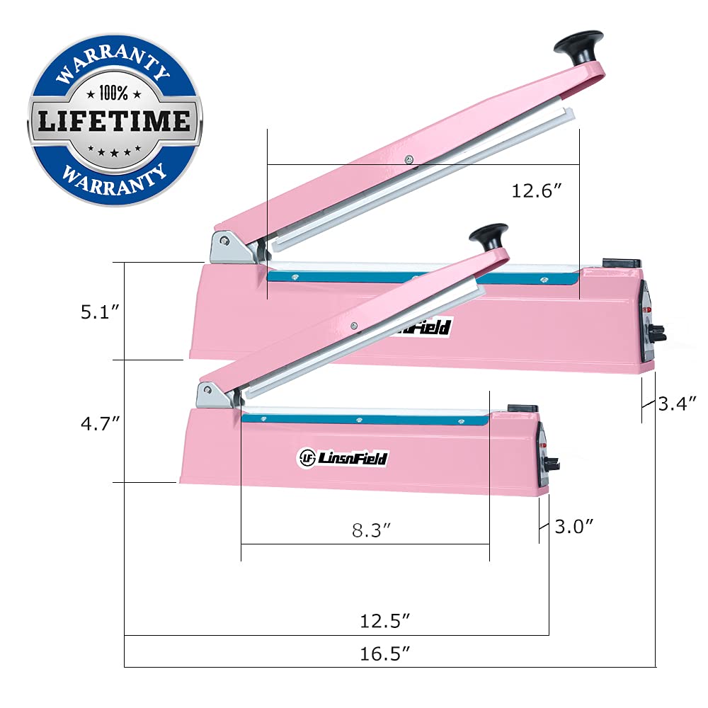 LinsnField Sealer Pro, Patented 8-inch Impulse Heat Sealer, 2-mm Sealing Width Super Heavy Duty Bag Sealing Machine with Extra 2 Replacements, 1Fuse Included, Pink