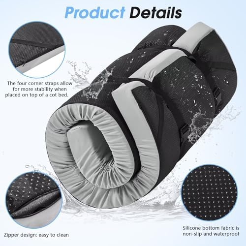 CYMULA Memory Foam Camping Mattress Pad,3inch Sleeping Pad for Camping,Non-Slip Bottom Floor Cot Mattress Bed with Retaining Portable Roll up Mattress Pad Mat for Travel Truck Guest Bed Tent