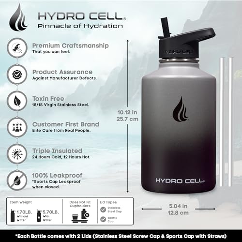 HYDRO CELL Stainless Steel Insulated Water Bottle with Straw - For Cold & Hot Drinks - Metal Vacuum Flask with Screw Cap and Modern Leakproof Sport Thermos for Adults (Graphite/Black 64oz)